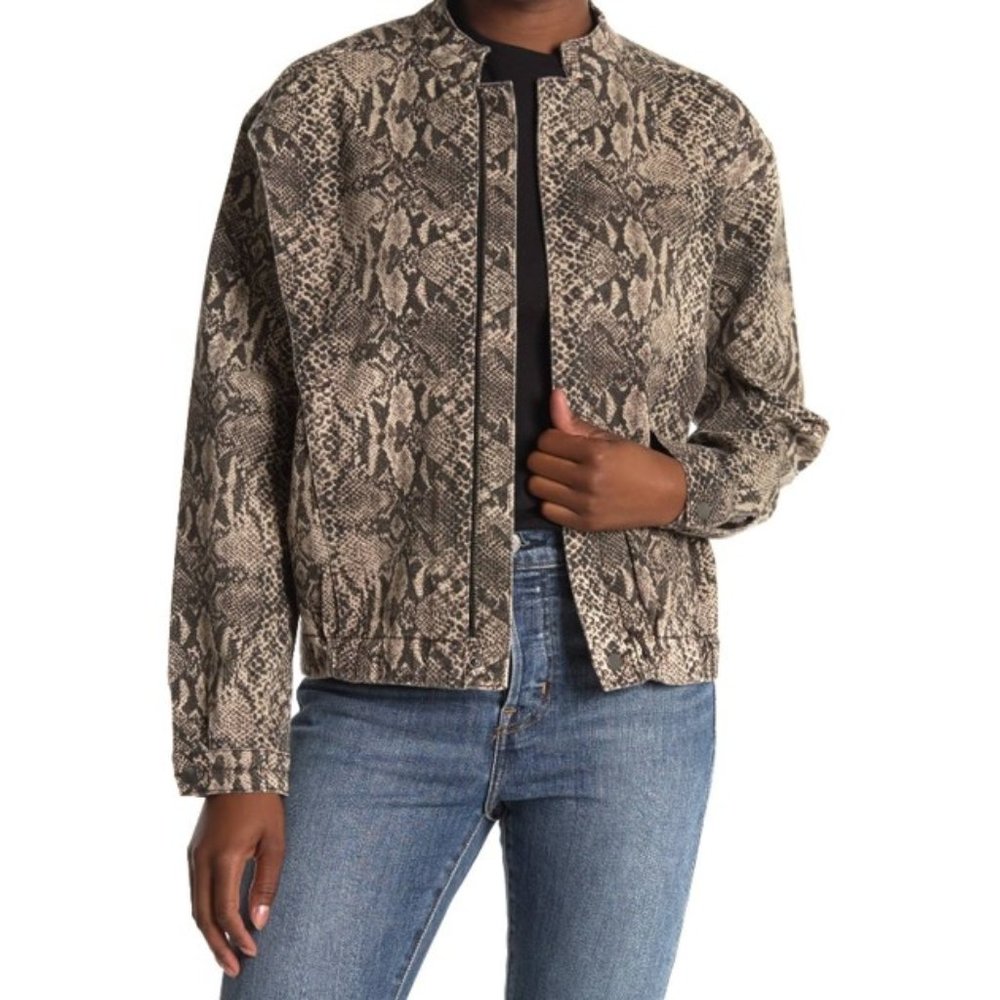 Lovefire Brown Python Print Denim Bomber Jacket - image 1